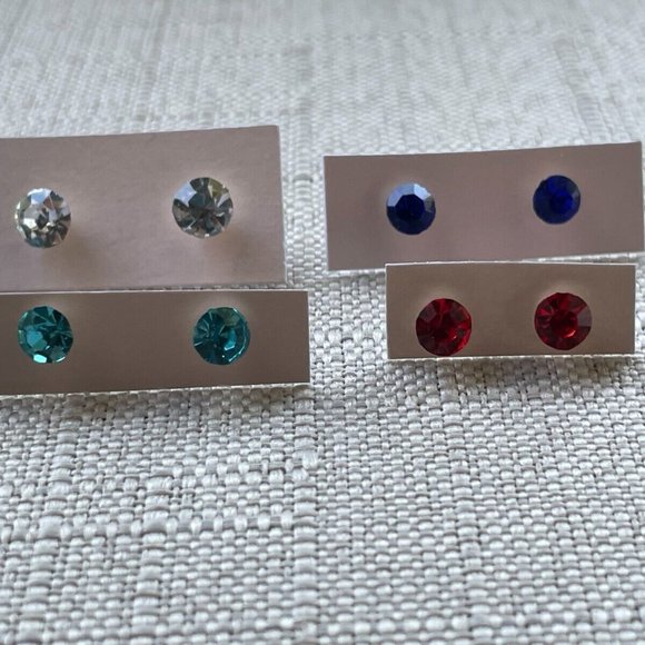 Women Stud Earrings Fashion Jewelry Blue Red Green Clear Tone Lot of 4 - Picture 5 of 11